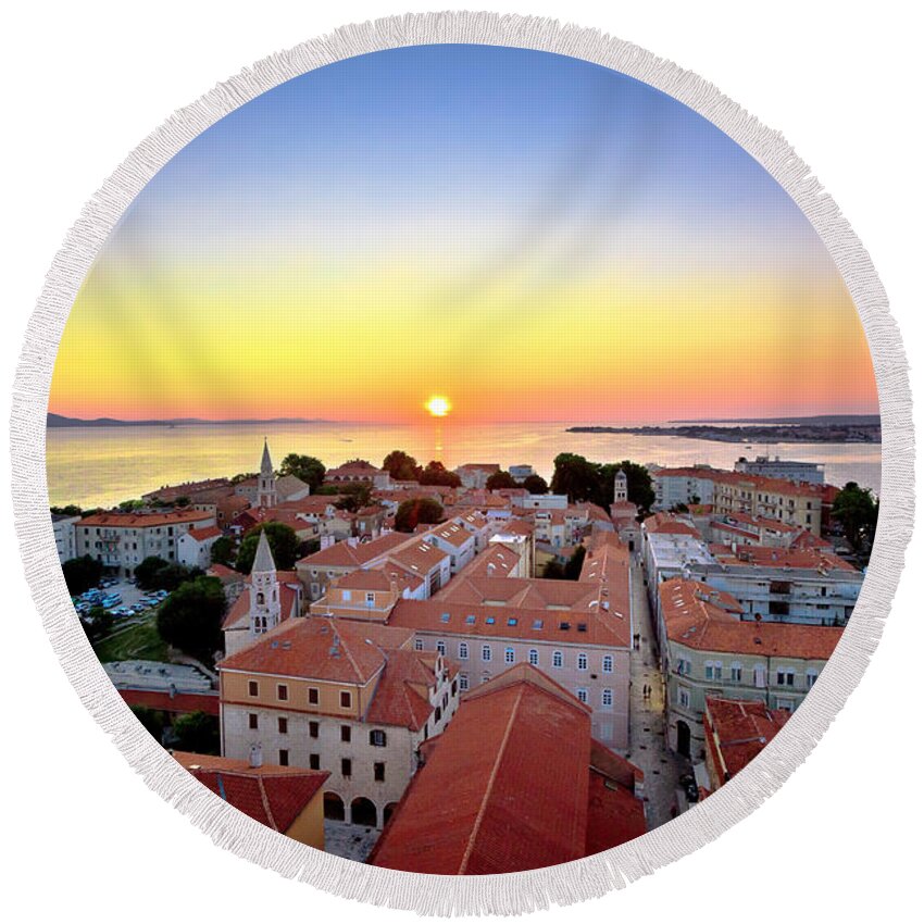 Zadar Round Beach Towel featuring the photograph City of Zadar skyline sunset view by Brch Photography