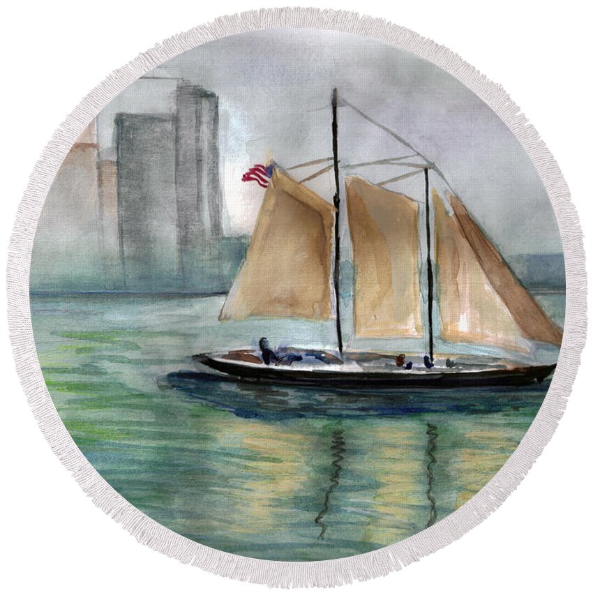 Sail Boats Round Beach Towel featuring the painting City Sail by Clara Sue Beym