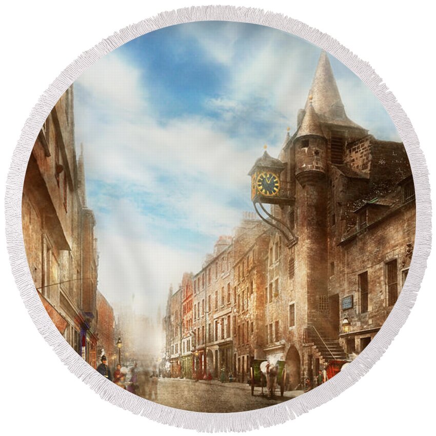 Edinburgh Round Beach Towel featuring the photograph City - Scotland - Tolbooth operator 1865 by Mike Savad