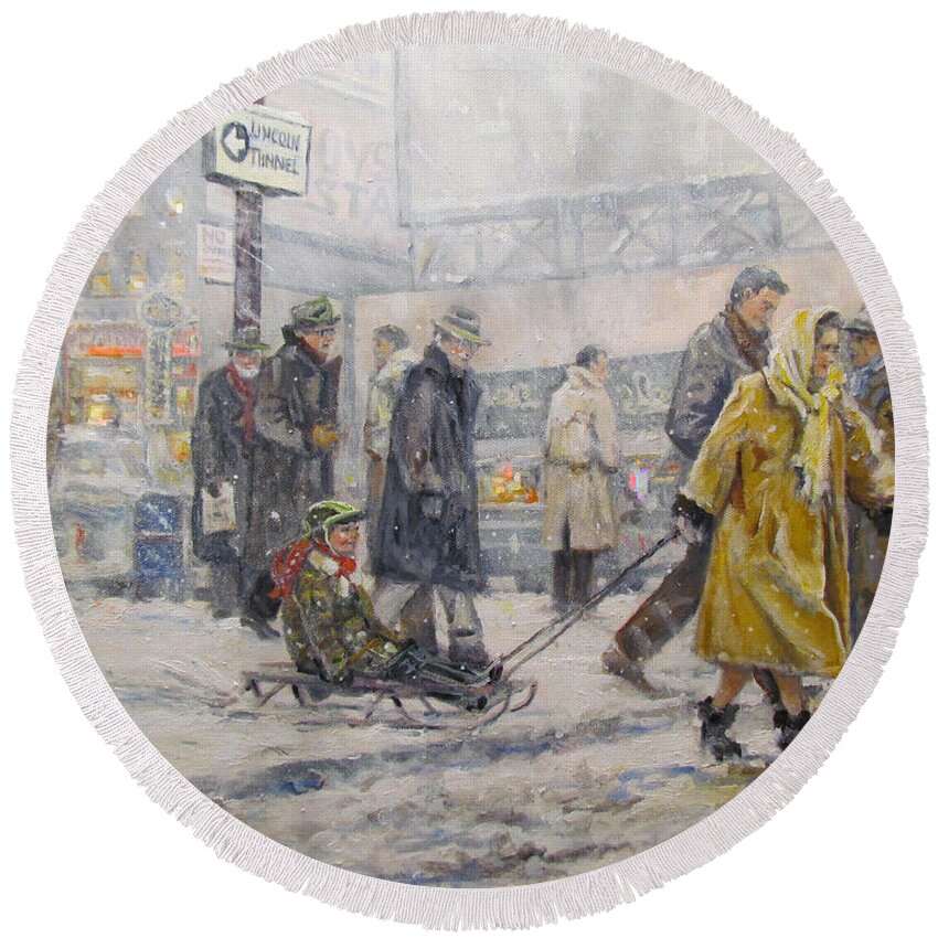 City Round Beach Towel featuring the painting City Snow Ride by Donna Tucker