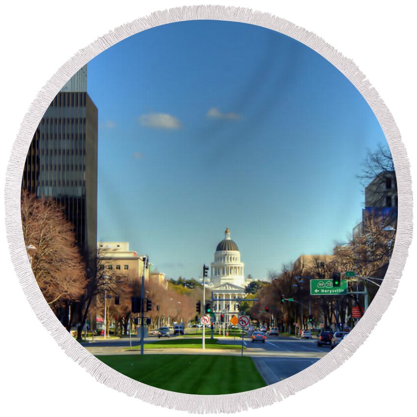 Hdr Round Beach Towel featuring the photograph Cityscape Capitol by Randy Wehner