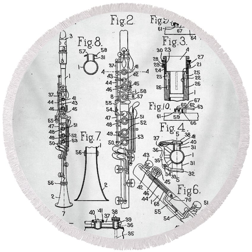 Clarinet Patent Round Beach Towel featuring the digital art Clarinet Patent by Hoolst Design
