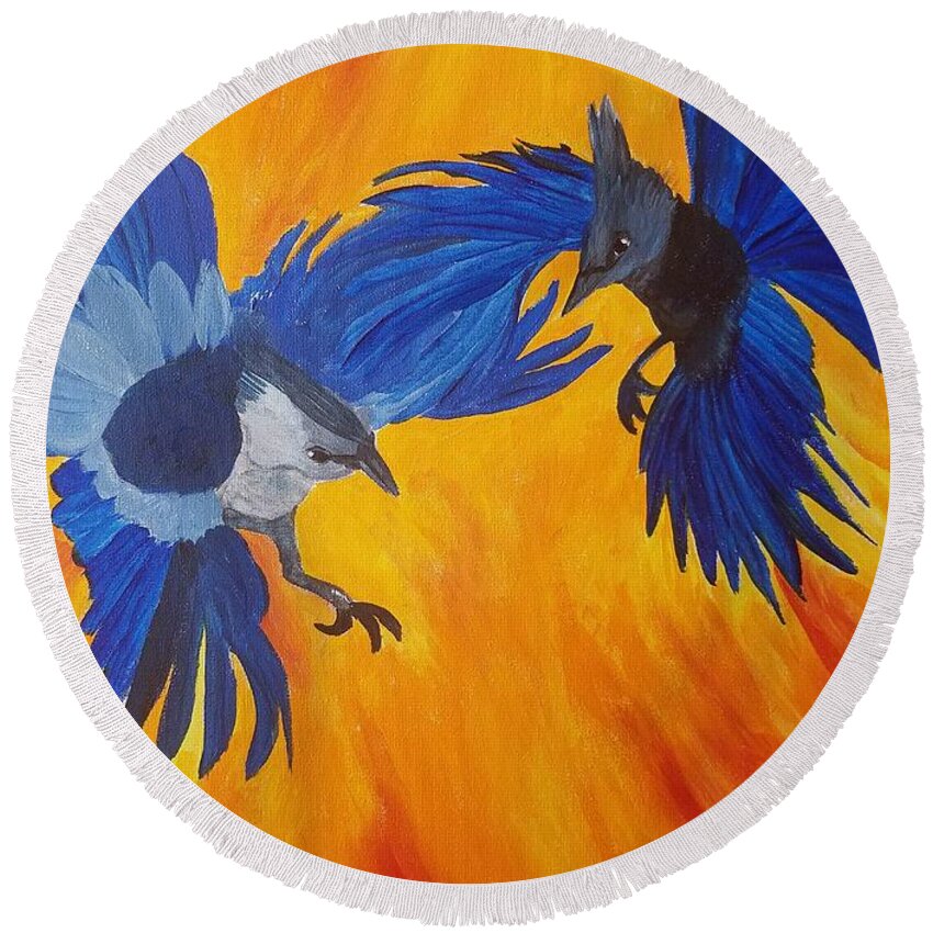 Clash Of Wings Round Beach Towel featuring the painting Clash of Wings by Maria Urso