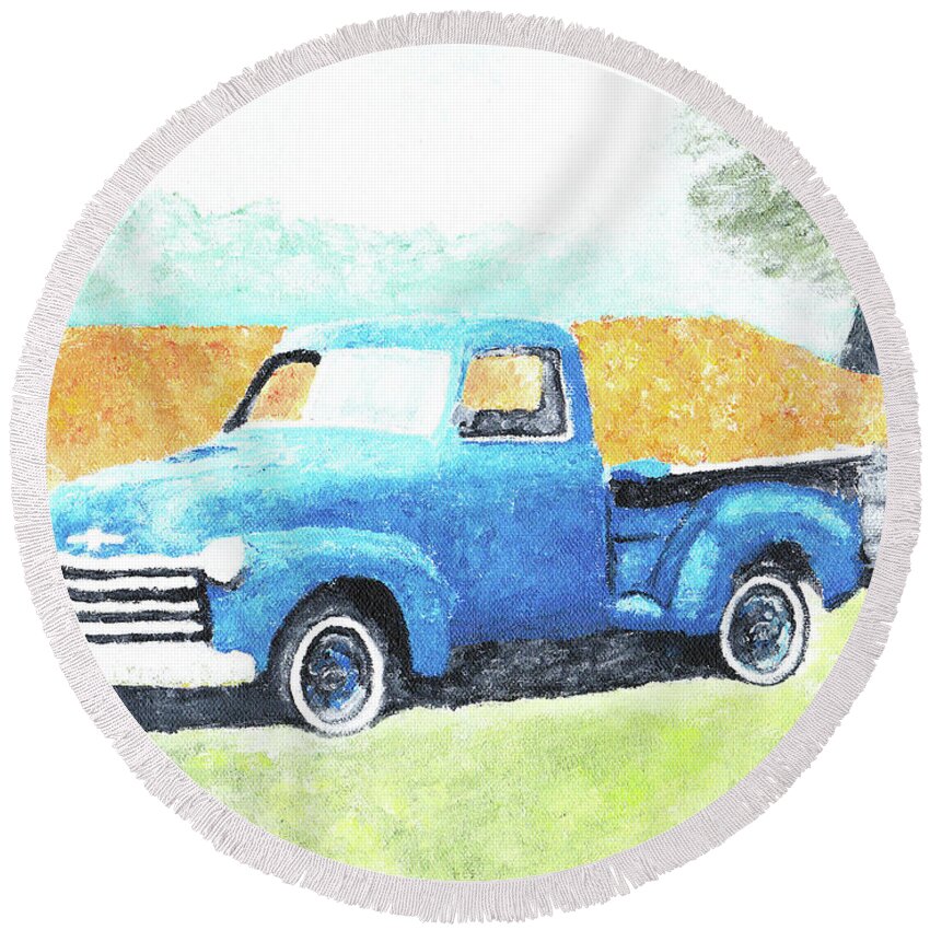 Classic Round Beach Towel featuring the painting Classic Blue Truck by William Bowers