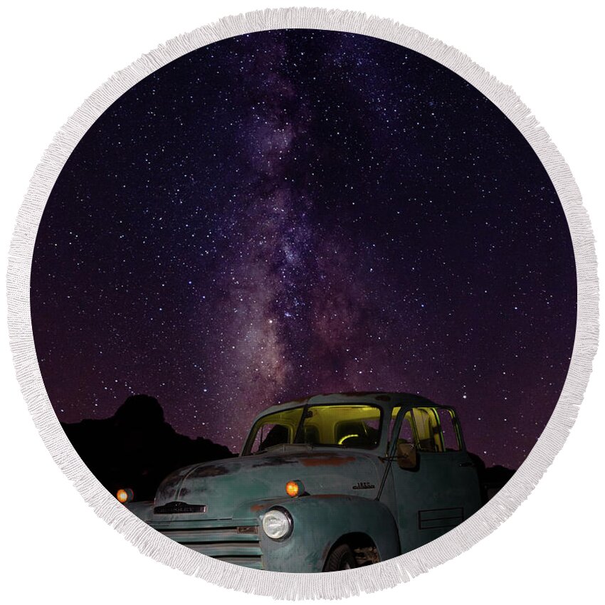 Truck Round Beach Towel featuring the photograph Classic Truck Under the Milky Way by James Sage