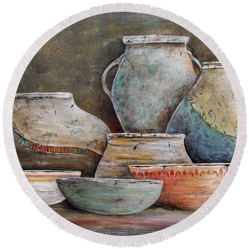 Pottery Round Beach Towel featuring the painting Clay Pottery Still Lifes-A by Jean Plout