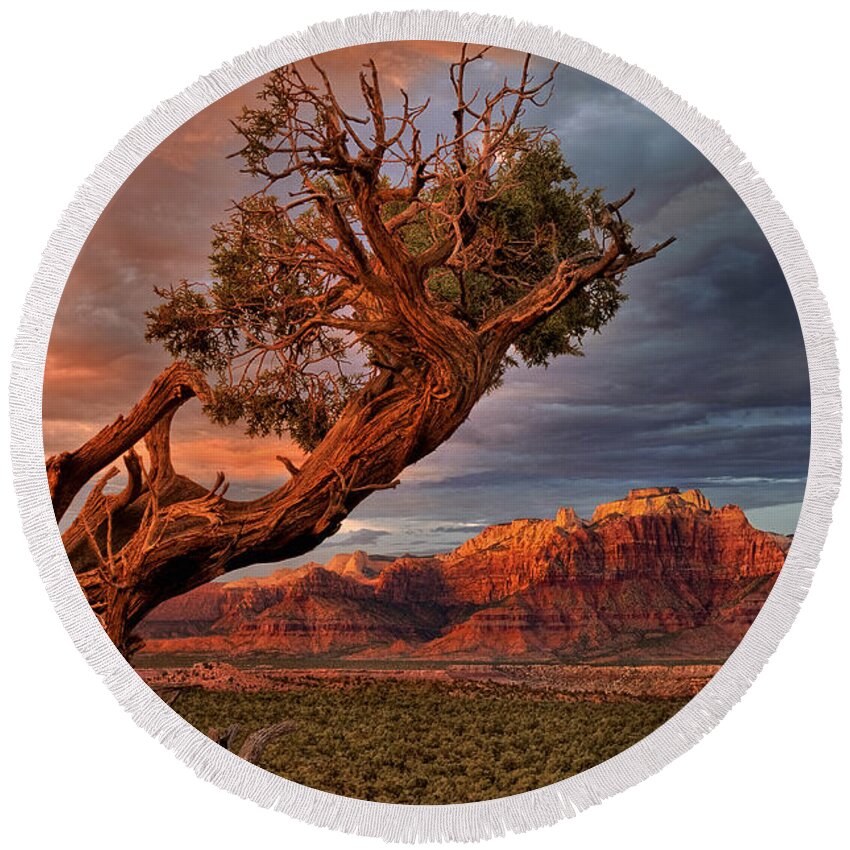 Dave Welling Round Beach Towel featuring the photograph Clearing Storm And West Temple South Of Zion National Park by Dave Welling