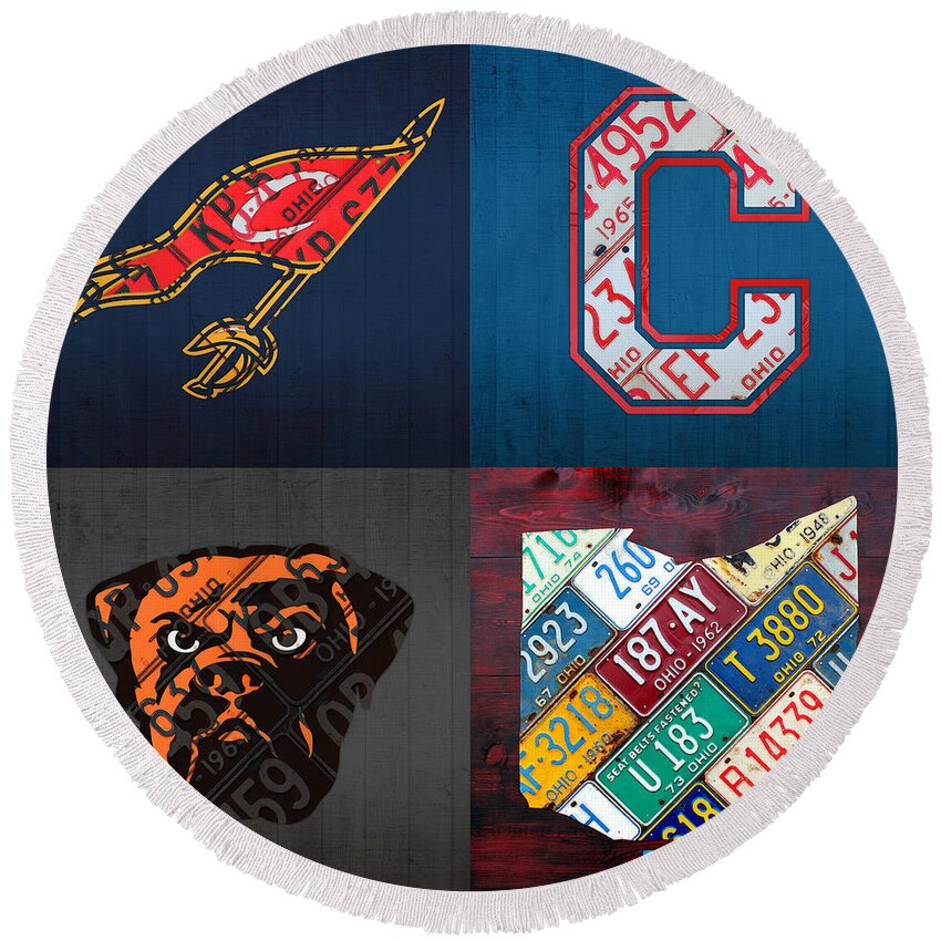 Cleveland Round Beach Towel featuring the mixed media Cleveland Sports Fan Recycled Vintage Ohio License Plate Art Cavaliers Indians Browns and State Map by Design Turnpike