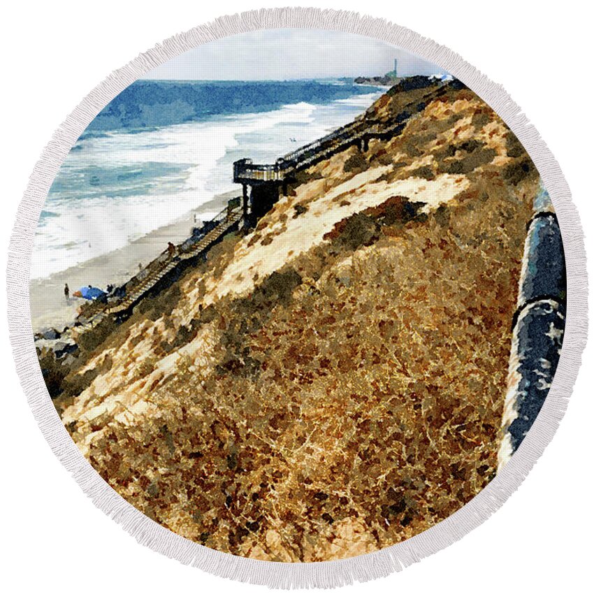 Carlsbad Round Beach Towel featuring the digital art Cliff View - Carlsbad Ponto Beach by Rhonda Strickland