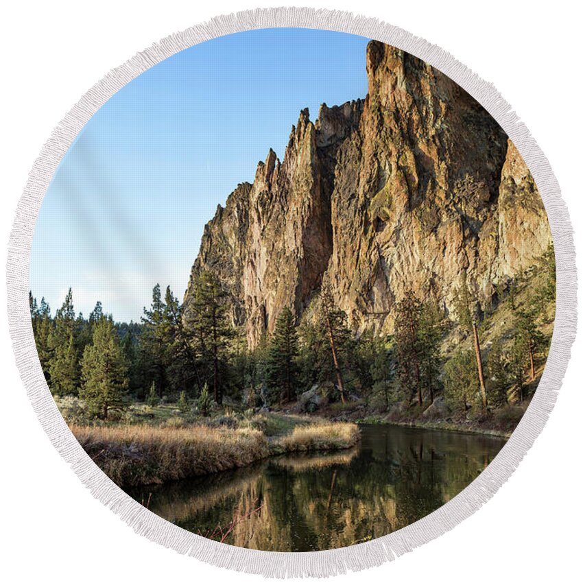 Smith Rock Round Beach Towel featuring the photograph Cliffs Above Crooked River by Belinda Greb