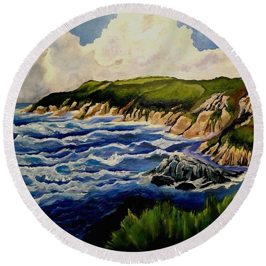 Sea Cliffs Round Beach Towel featuring the painting Cliffs and Sea by Esperanza Creeger