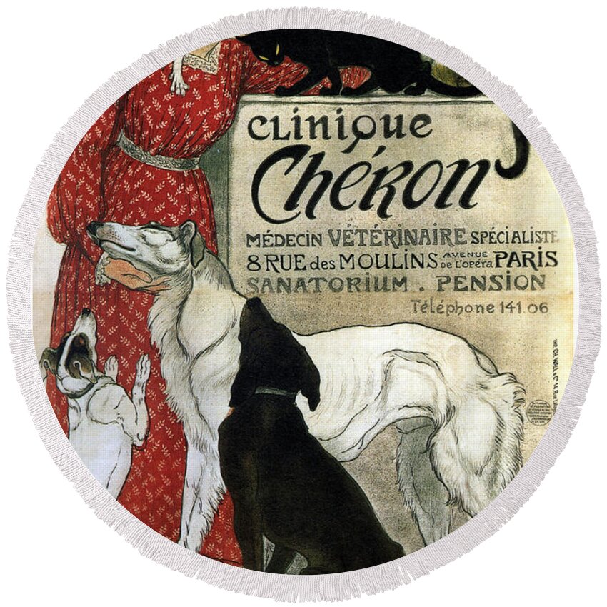 Clinique Cheron Round Beach Towel featuring the mixed media Clinique Cheron - Vintage Clinic Advertising Poster by Studio Grafiikka