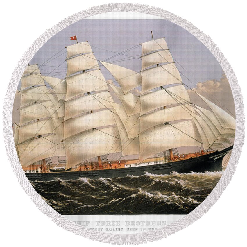 1875 Round Beach Towel featuring the drawing Clipper Ship, 1875 by Granger
