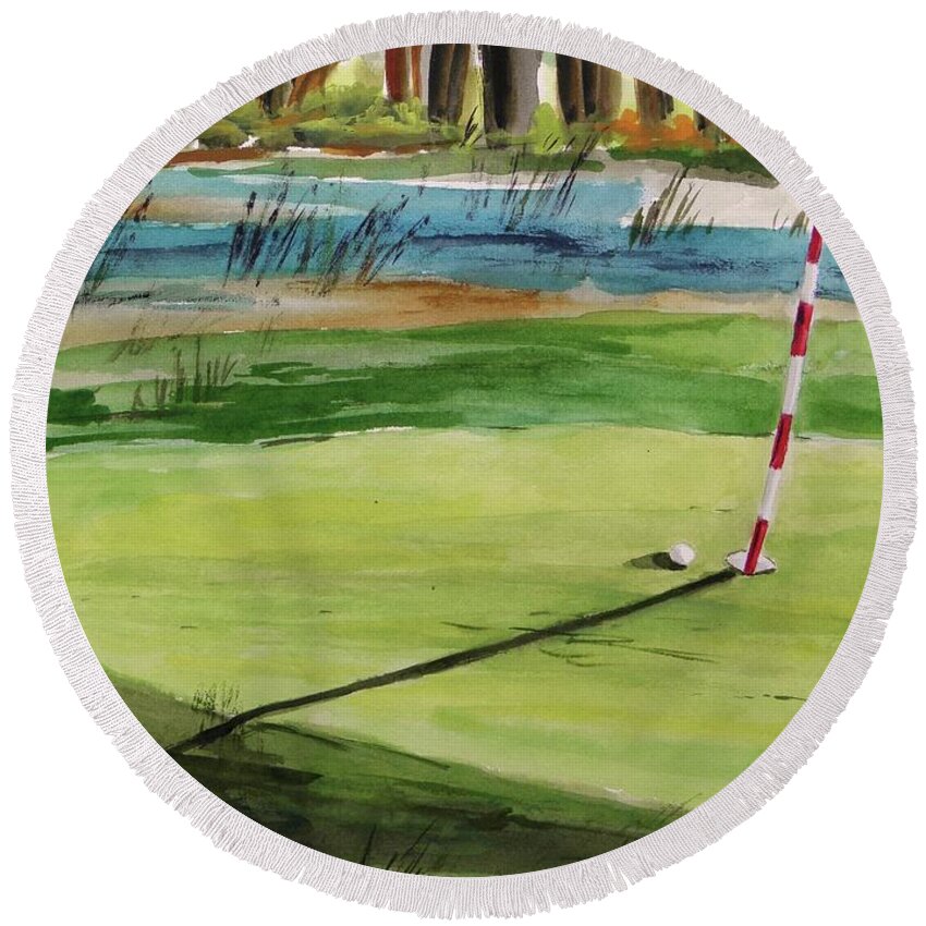 Golf Round Beach Towel featuring the painting Close at the Eleventh Hole by John Williams