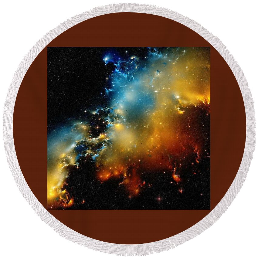 Nebula Round Beach Towel featuring the painting Close-the-pelican-nebula-ionization-front by Celestial Images
