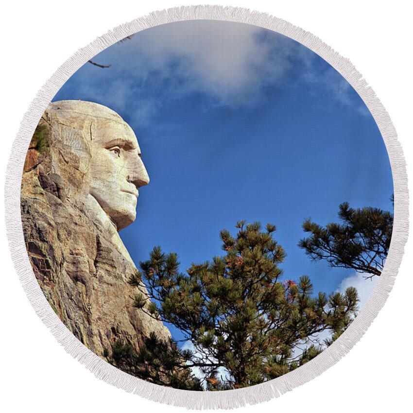 Mount Rushmore Round Beach Towel featuring the photograph Closeup profile of George Washington at Mount Rushmore National Memorial in South Dakota by Sam Antonio