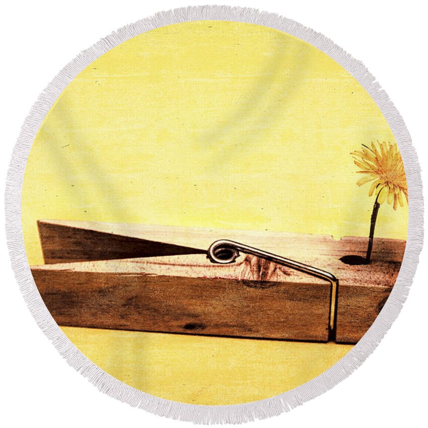 Vintage Round Beach Towel featuring the photograph Clothespins and dandelions by Jorgo Photography