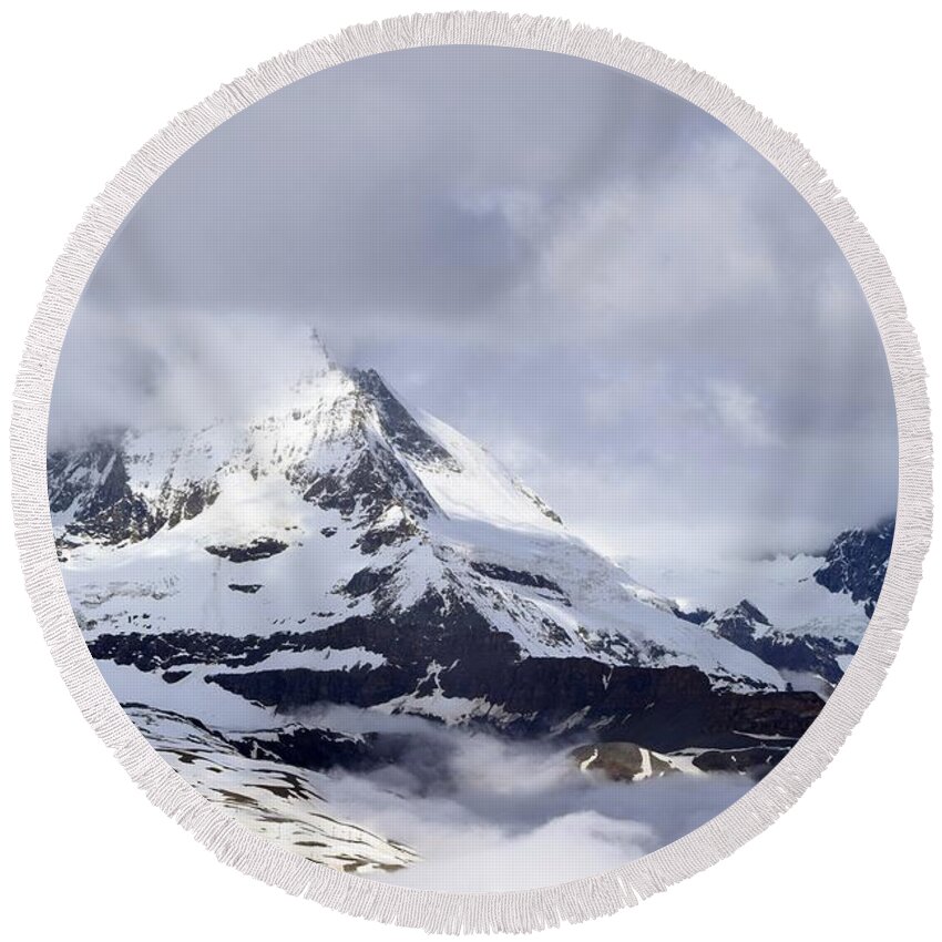 Mountain Round Beach Towel featuring the photograph Cloud covered Peak by Outside the door By Patt