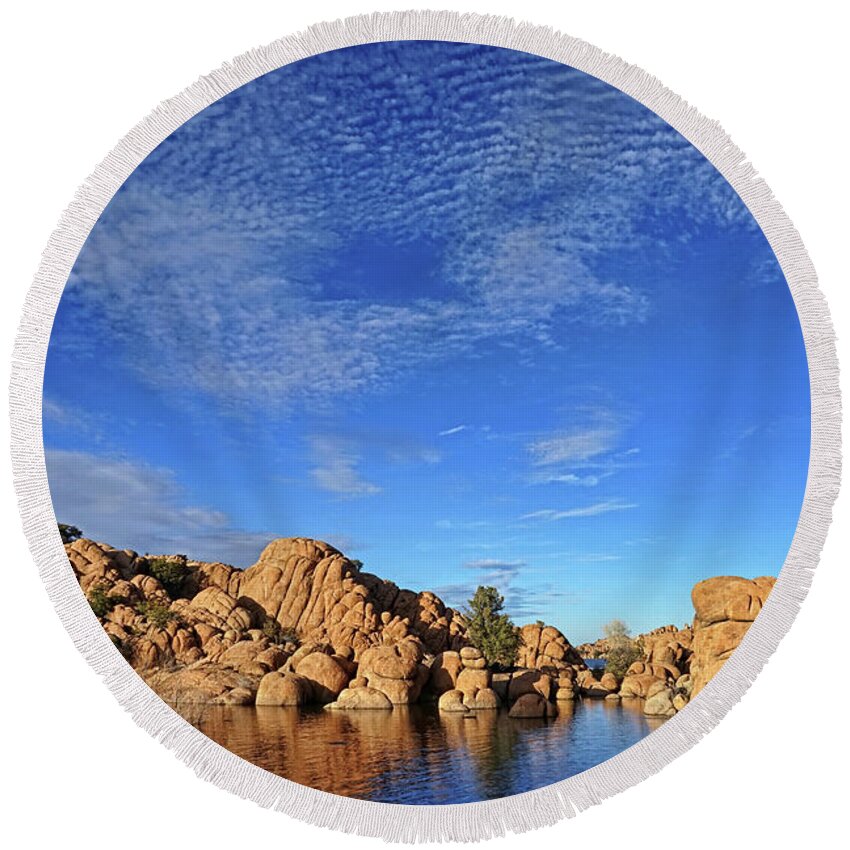 Waterscape Round Beach Towel featuring the photograph Clouds Above Watson Lake by Theo O'Connor