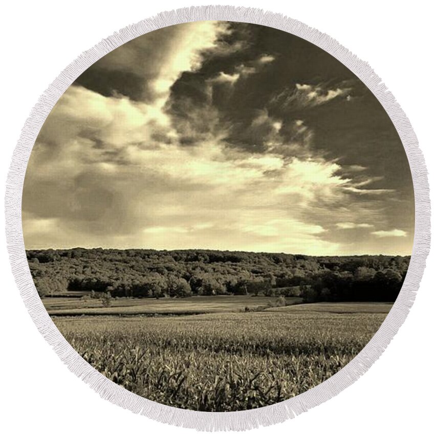 Farm Round Beach Towel featuring the photograph Clouds and Cornfields by Dani McEvoy
