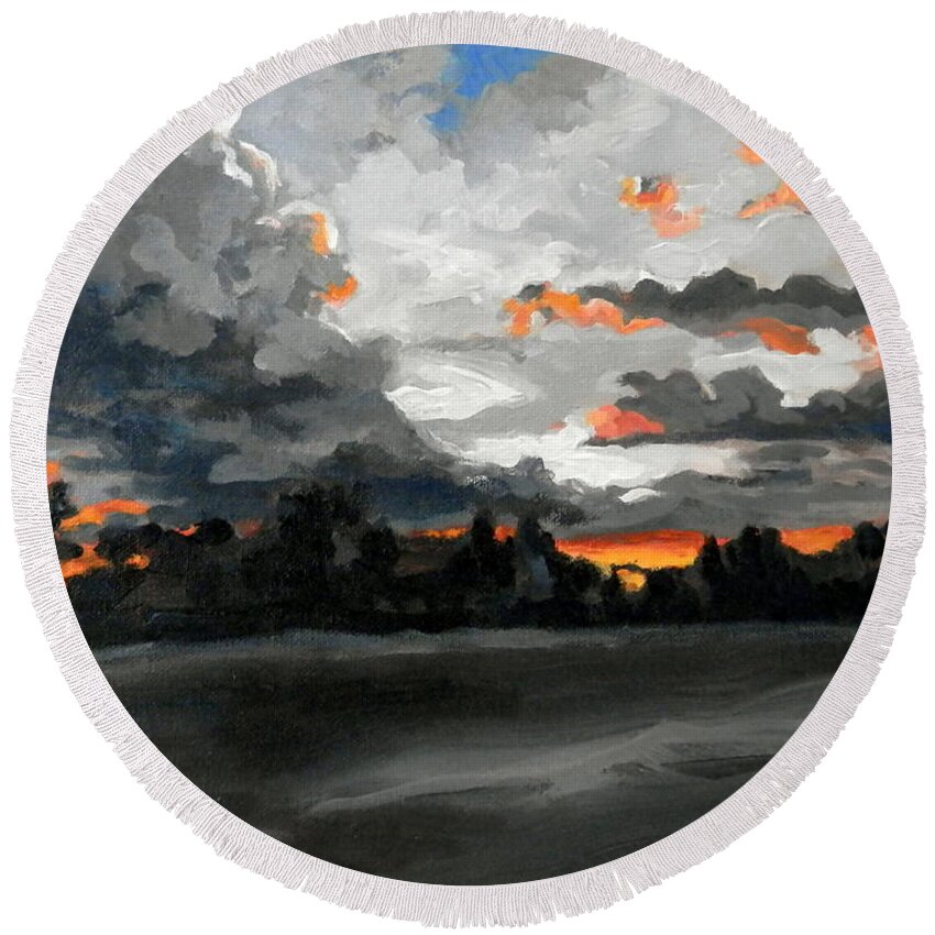 Clouds Dusk Sunset Usa Macon Georgia Landscape Round Beach Towel featuring the painting Clouds at Dusk by Martha Tisdale