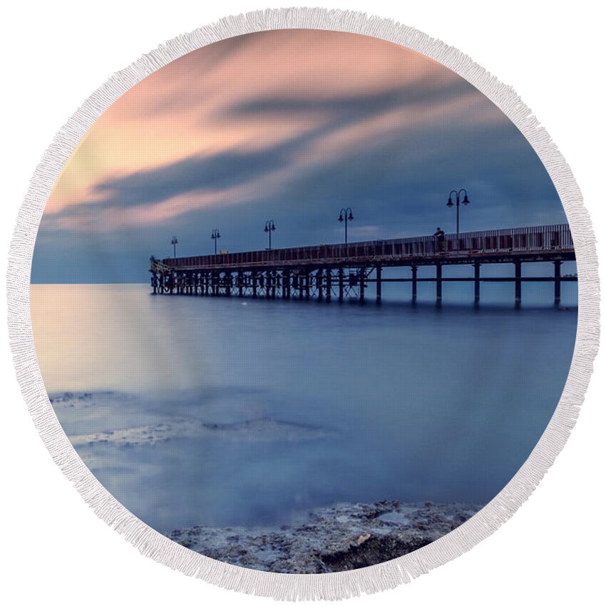Pier Round Beach Towel featuring the photograph Clouds Come Floating Into My Life by Stelios Kleanthous