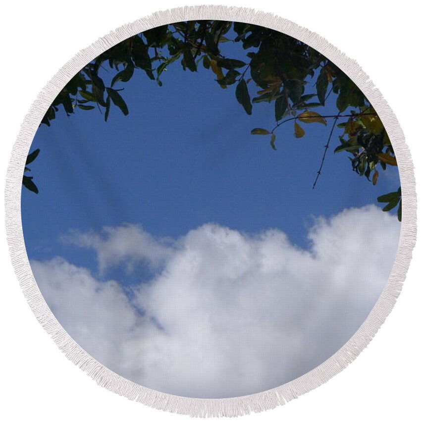 Clouds Round Beach Towel featuring the photograph Clouds Framed by Tree by Nora Boghossian
