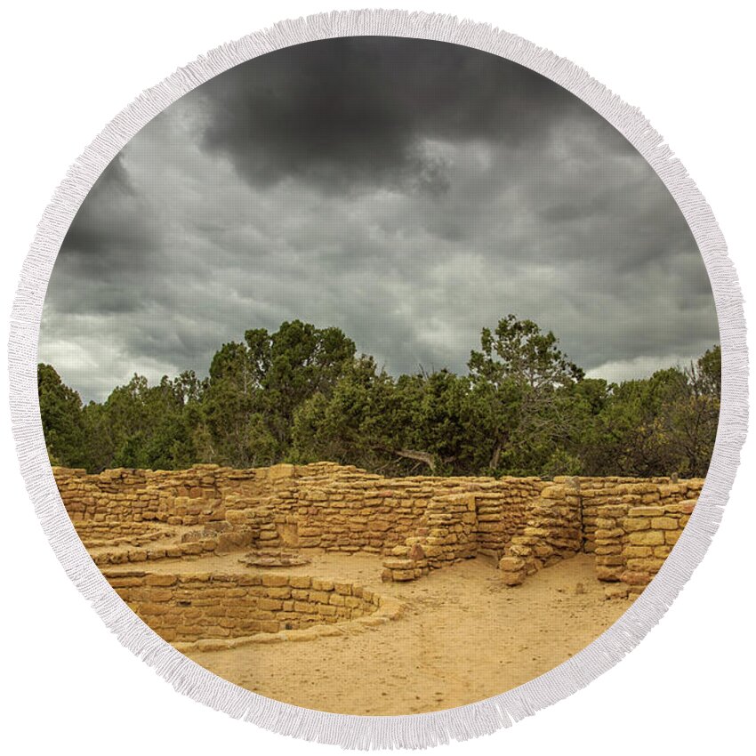 Mesa Verde Round Beach Towel featuring the photograph Clouds over far view by Kunal Mehra