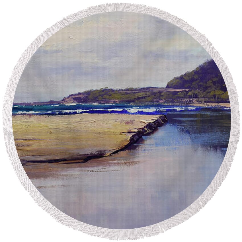 Beach Paintings Round Beach Towel featuring the painting Cloudy Coastline by Graham Gercken