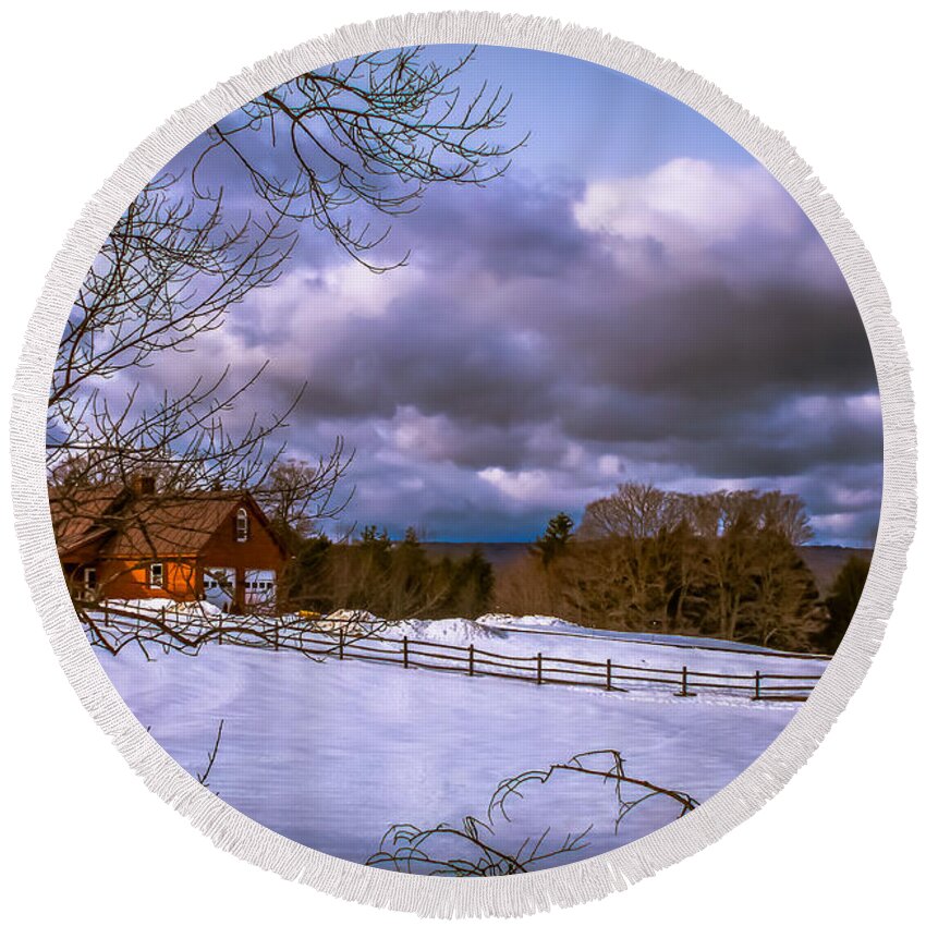 New England Round Beach Towel featuring the photograph Cloudy day in Vermont by Claudia M Photography