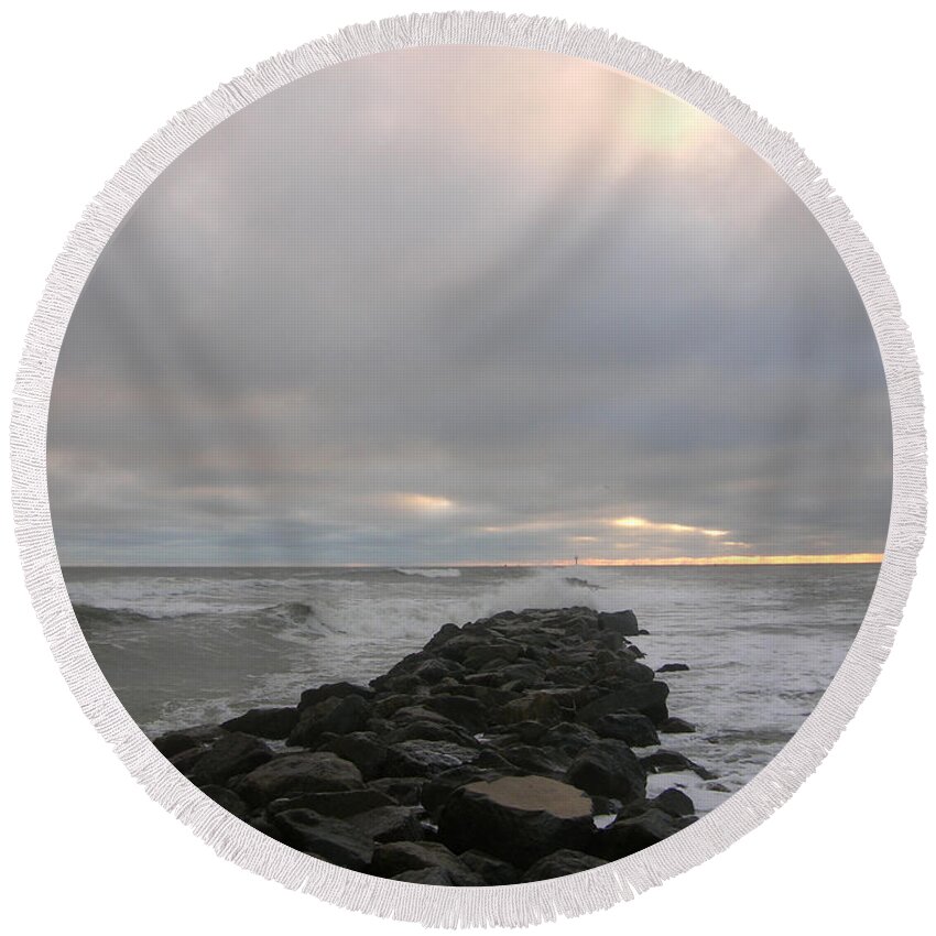 Jetty Round Beach Towel featuring the photograph Cloudy jetty sunrise 10-6-15 by Julianne Felton