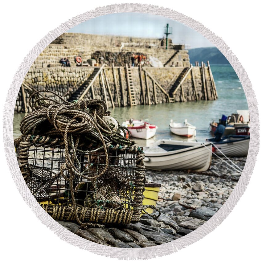 Harbour Round Beach Towel featuring the photograph Clovelly Crab Trap by Nick Bywater