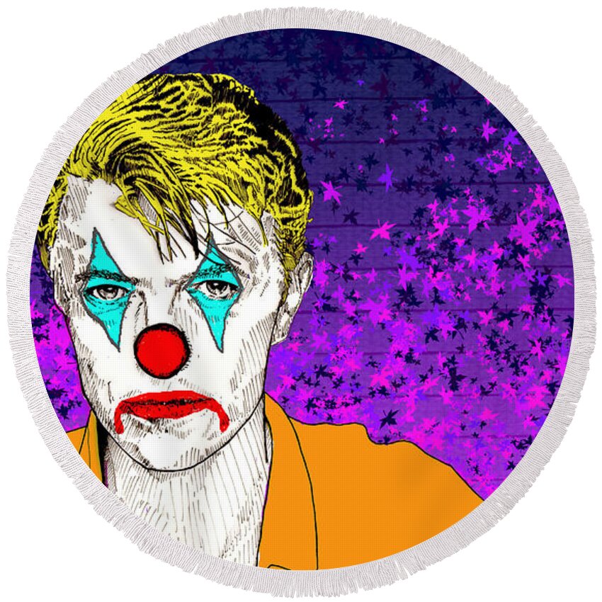 Liza Jane Round Beach Towel featuring the digital art Clown David Bowie by Jason Tricktop Matthews