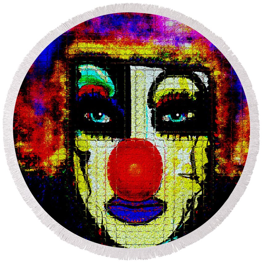 Natalie Holland Art Round Beach Towel featuring the mixed media Clown by Natalie Holland