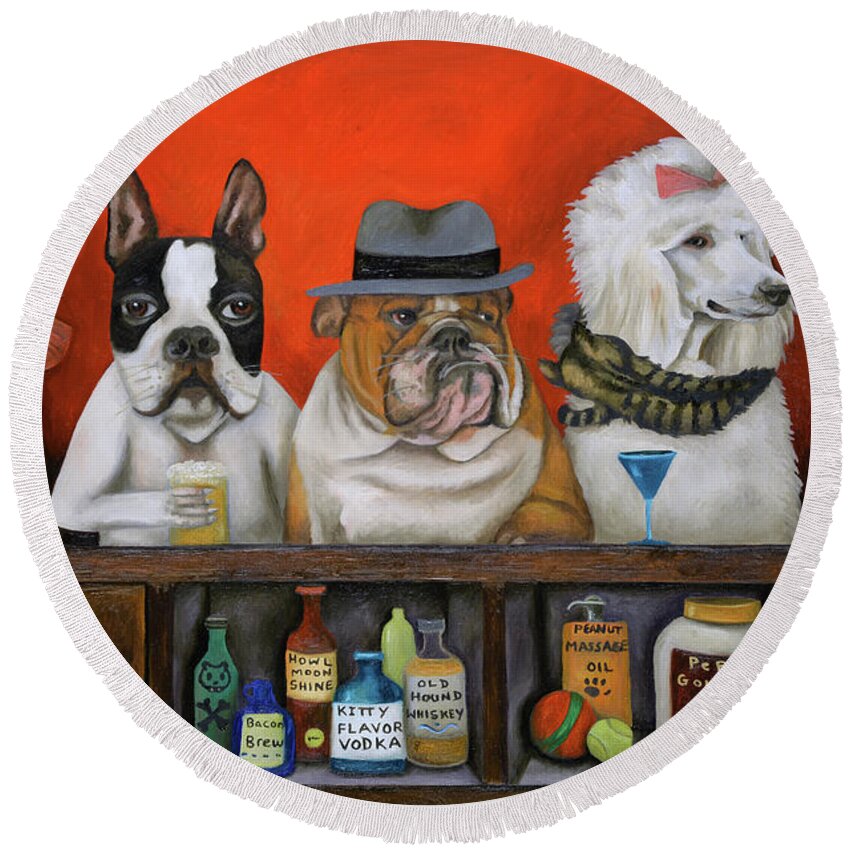 Dogs Round Beach Towel featuring the painting Club K9 by Leah Saulnier The Painting Maniac