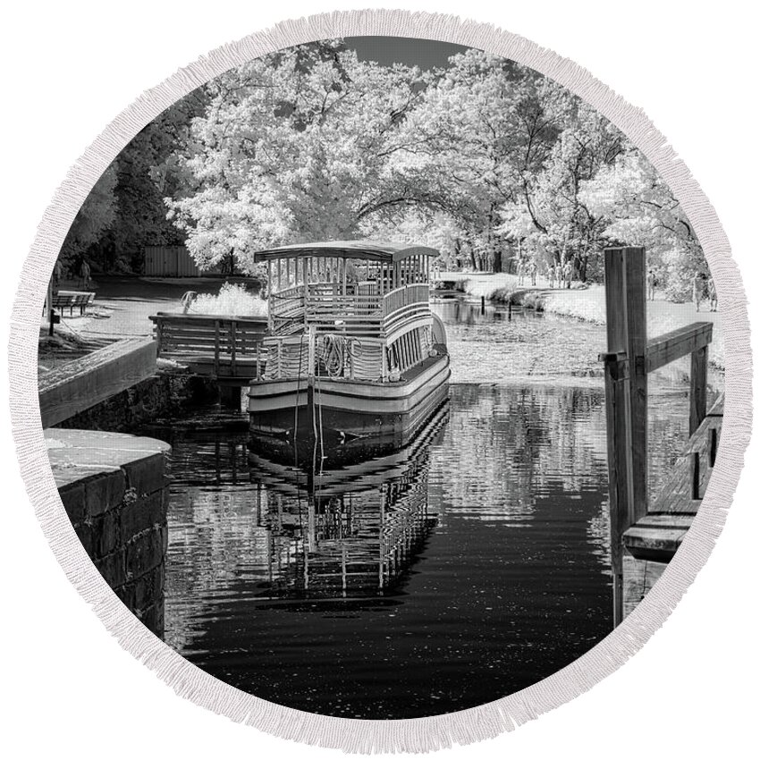 Great Falls Round Beach Towel featuring the photograph CnO Canal boat IR mono by Izet Kapetanovic