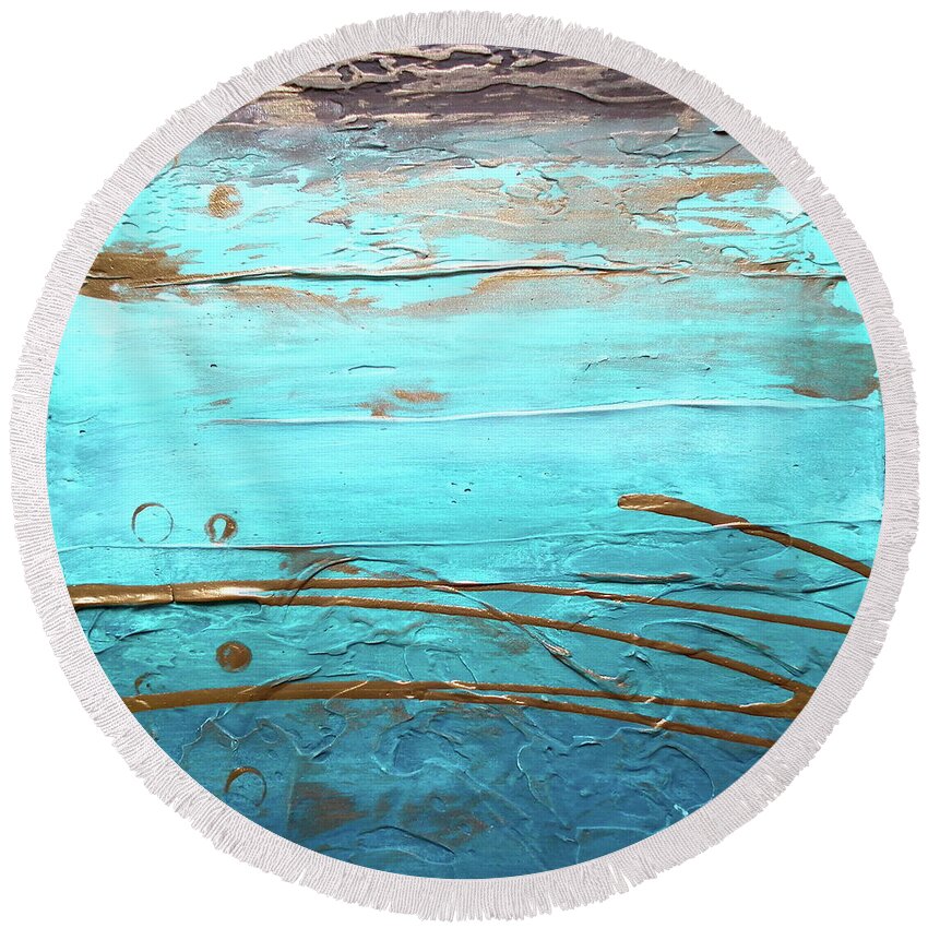 Abstract Round Beach Towel featuring the painting Coastal Escape I Textured Abstract by Kristen Abrahamson