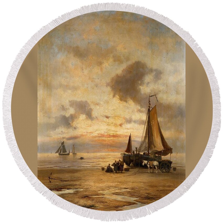 Johannes Herman Barend Koekkoek Round Beach Towel featuring the painting Coastal Landscape at Evening by MotionAge Designs