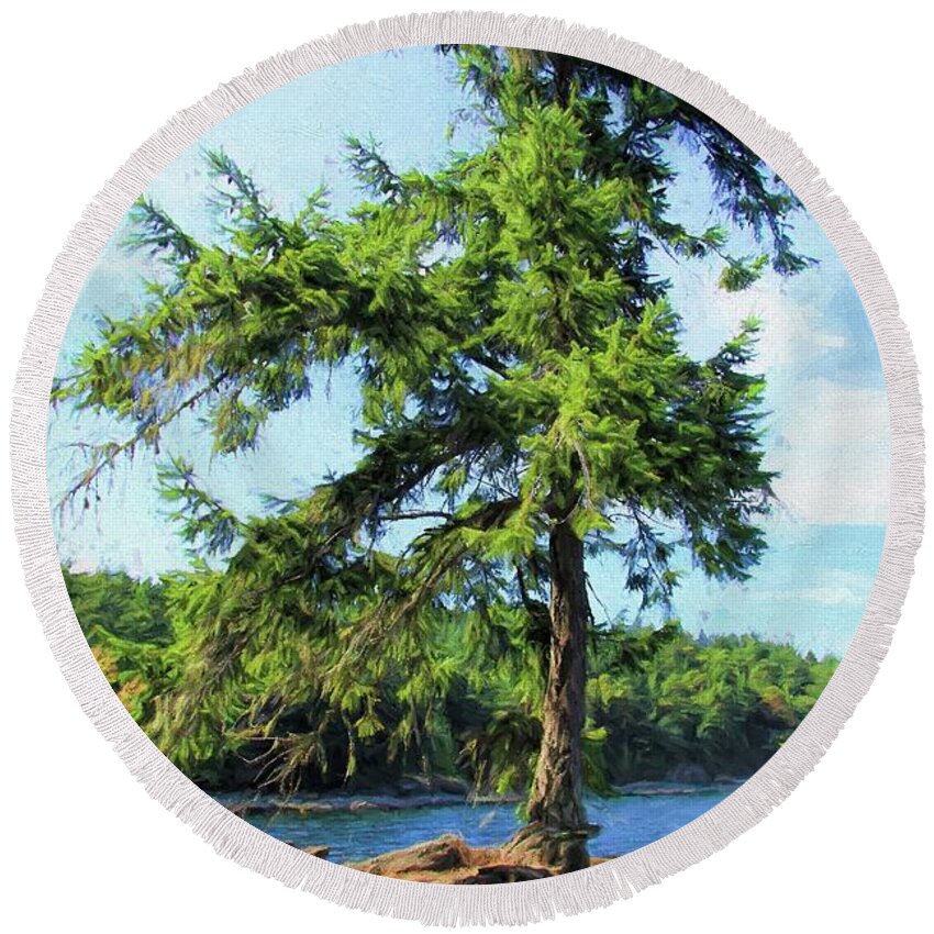 Tree Round Beach Towel featuring the photograph Coastal View by Kathy Bassett