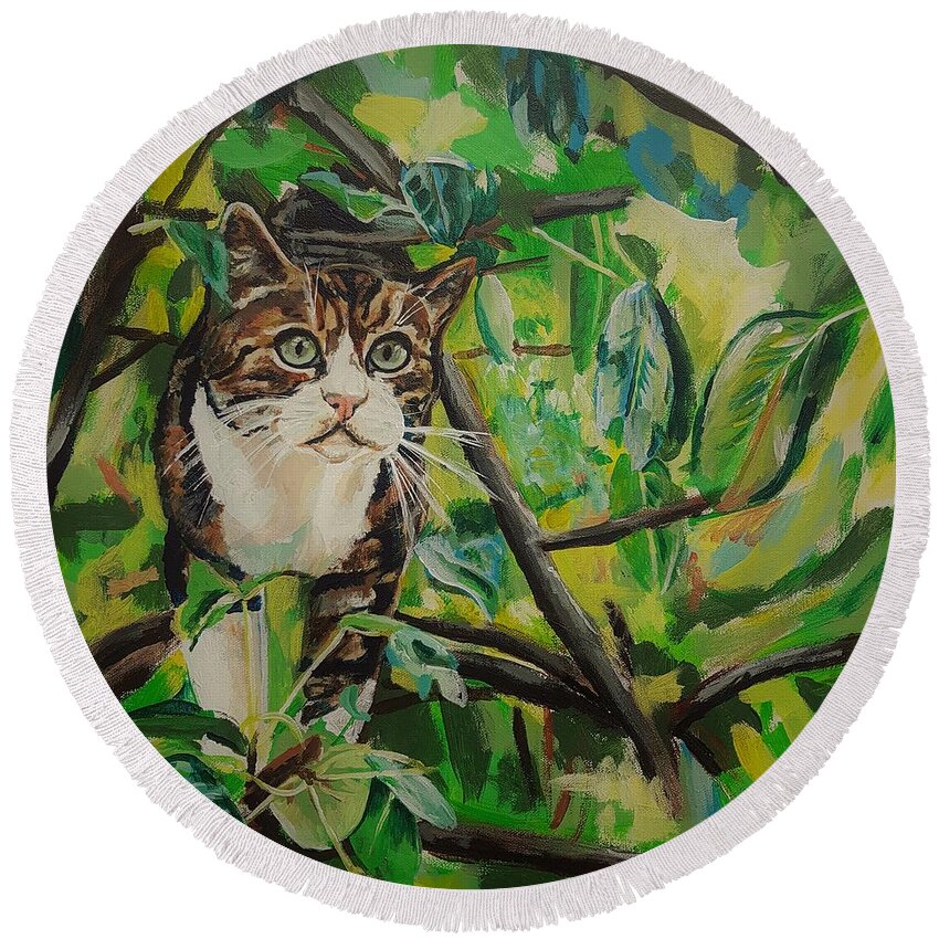 Cobber Round Beach Towel featuring the painting Cobber de Kat by Cami Lee