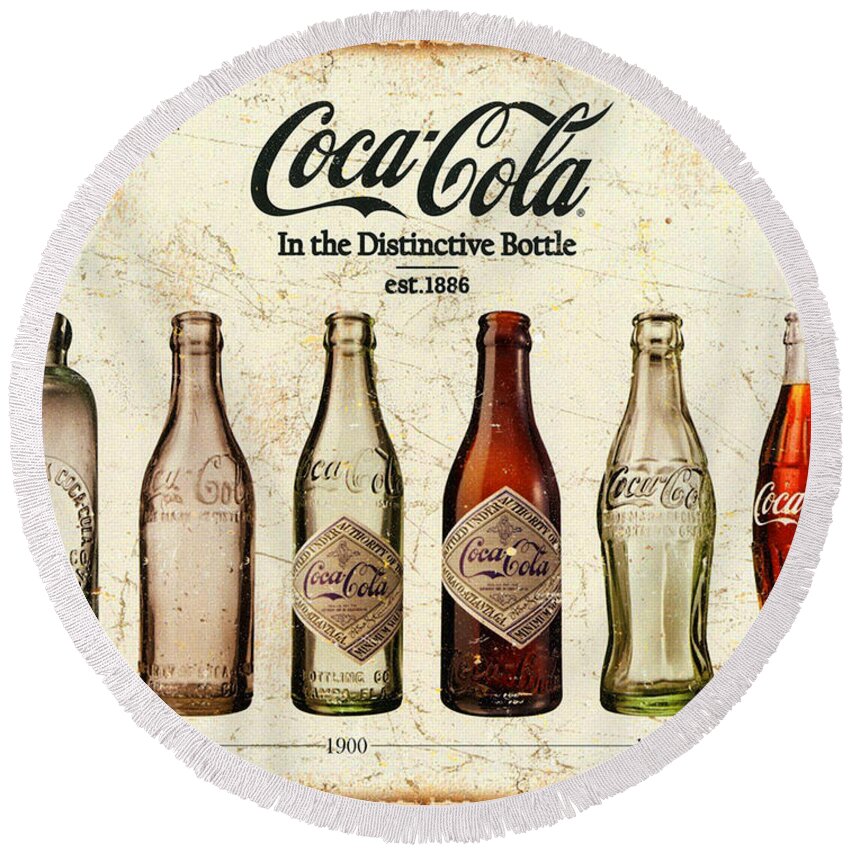 Coca-cola Round Beach Towel featuring the painting Coca-Cola Bottle Evolution Vintage Sign by Tony Rubino
