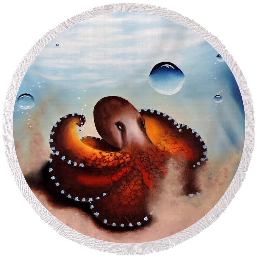 Blues Round Beach Towel featuring the painting Coconut Octopus by Dianna Lewis