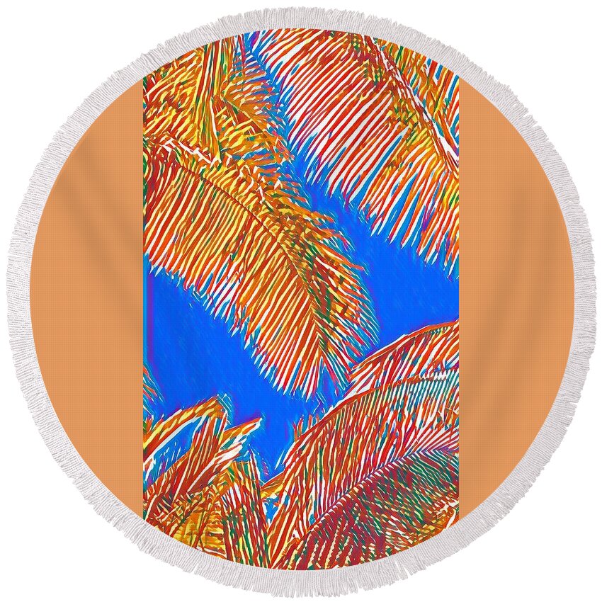 #flowersofaloha #coconutpalms #redandblue Round Beach Towel featuring the photograph Coconut Palms in Red and Blue by Joalene Young
