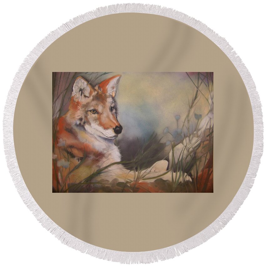 Coyote Round Beach Towel featuring the pastel Cody by Marika Evanson