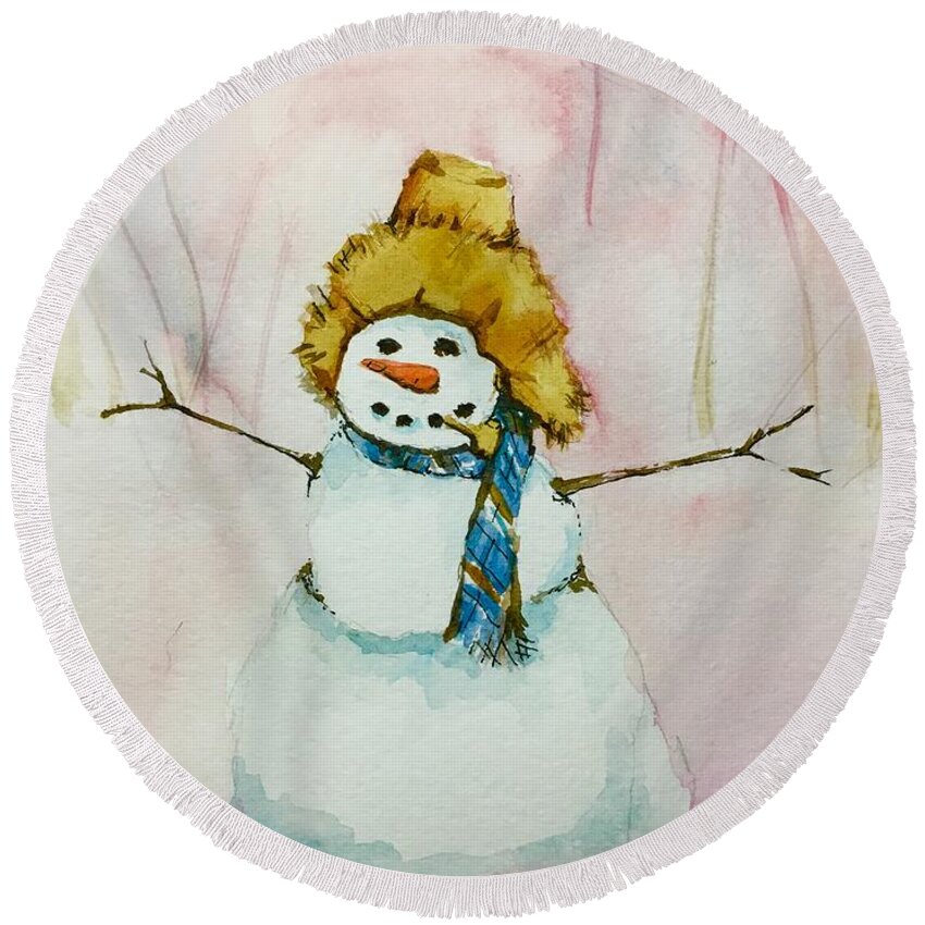 Snow Round Beach Towel featuring the painting Cody's First Frosty by Lynn Babineau