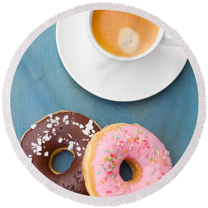 Coffee Round Beach Towel featuring the photograph Coffee and Baked Donuts by Anastasy Yarmolovich