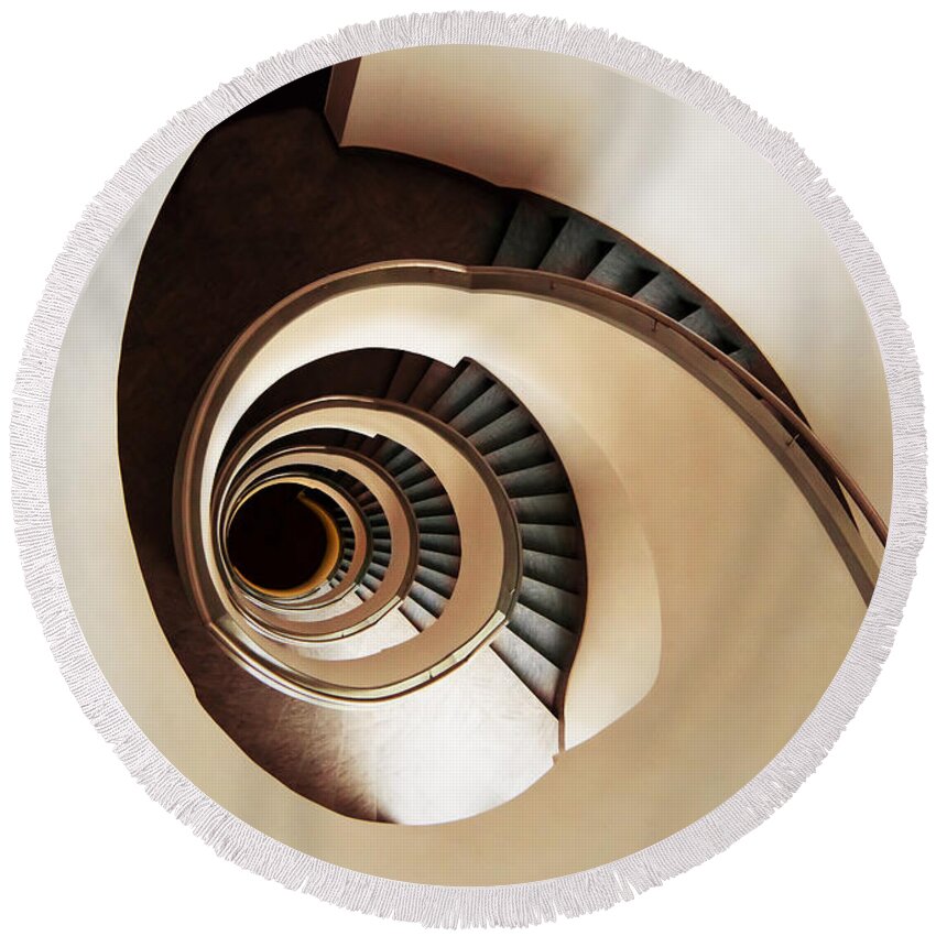 Architecture Round Beach Towel featuring the photograph Coffee and milk spiral staircase by Jaroslaw Blaminsky