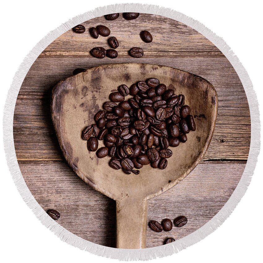 Coffee Round Beach Towel featuring the photograph Coffee beans in antique scoop. by Jane Rix