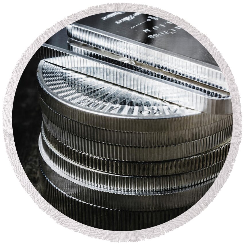 Stack Round Beach Towel featuring the photograph Coins of silver stacking by Jorgo Photography