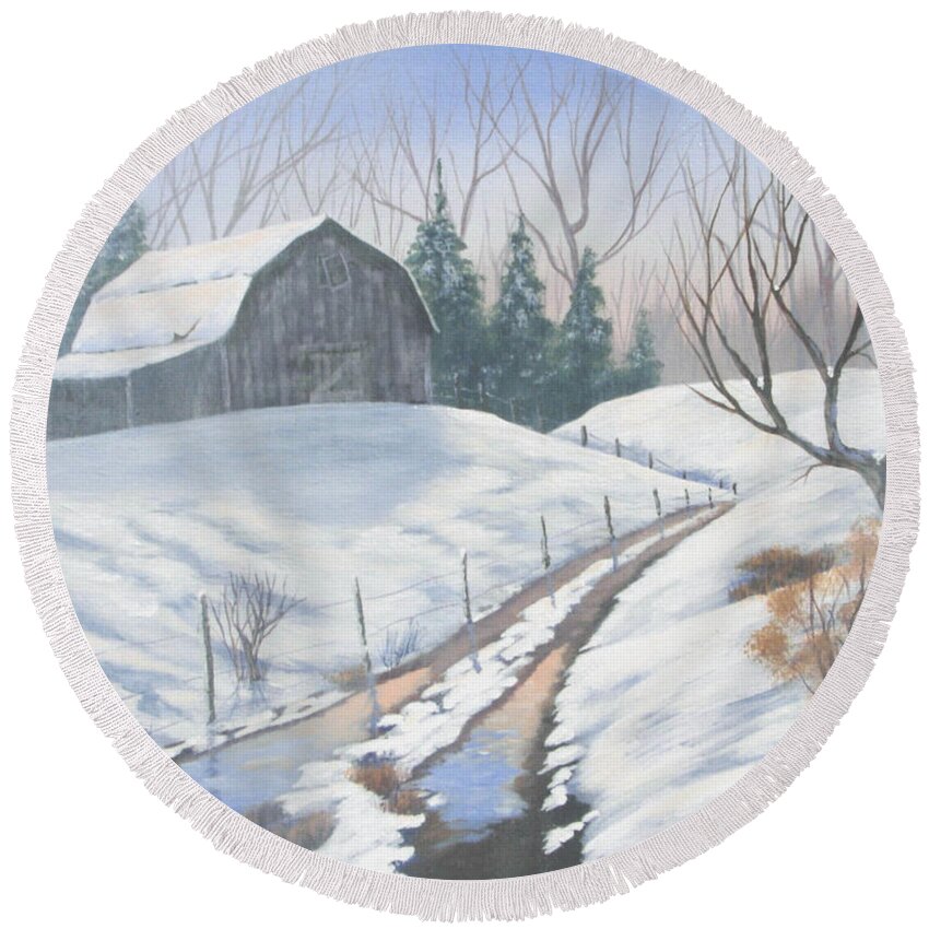 Landscape Round Beach Towel featuring the painting Cold Country by Jerry Walker